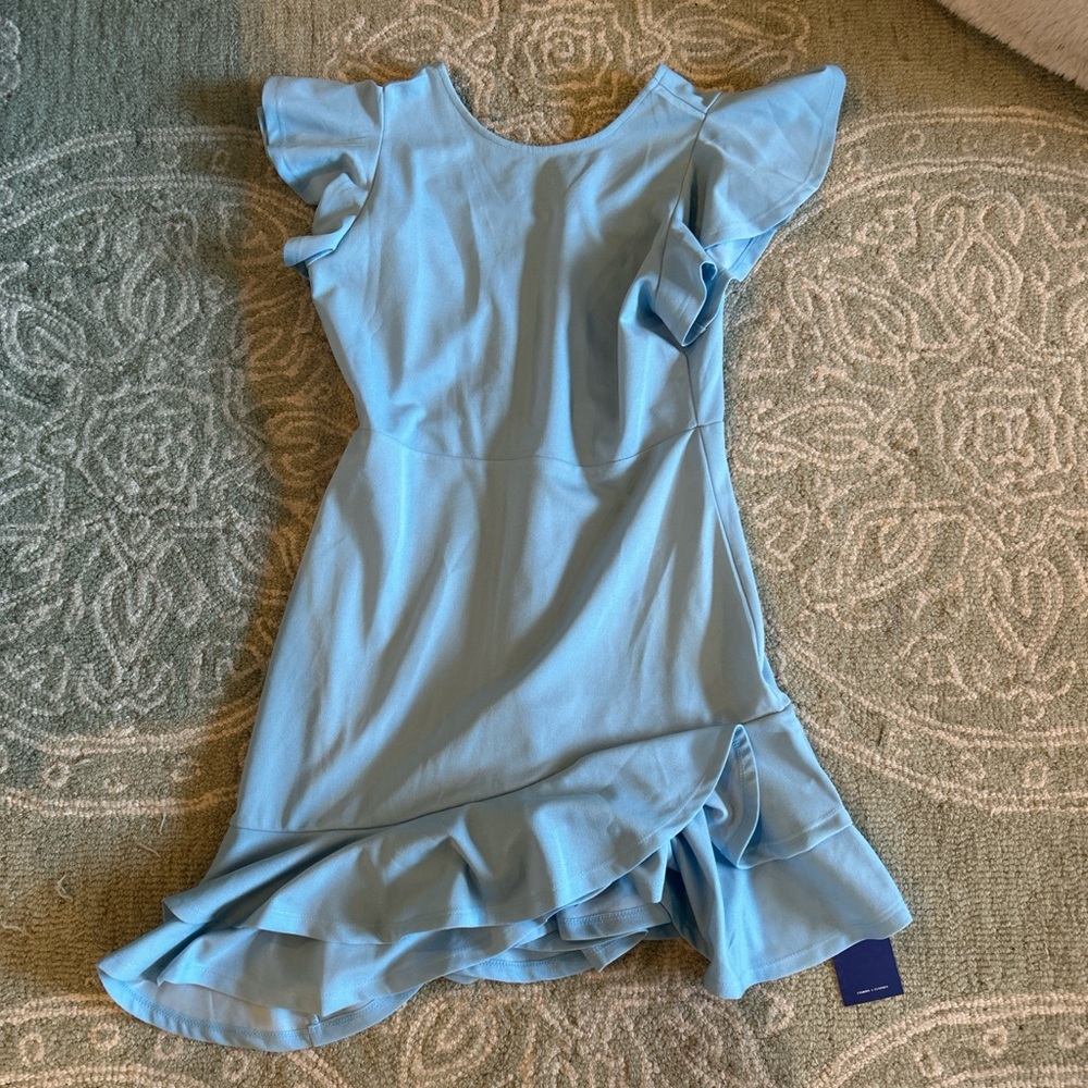 Elegant Blue Ruffle Sleeve Mini Dress